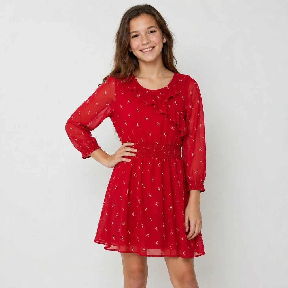 Abercrombie Kids Girls 15/16‎ Red Floral Ruffle Chiffon Smocked Dress